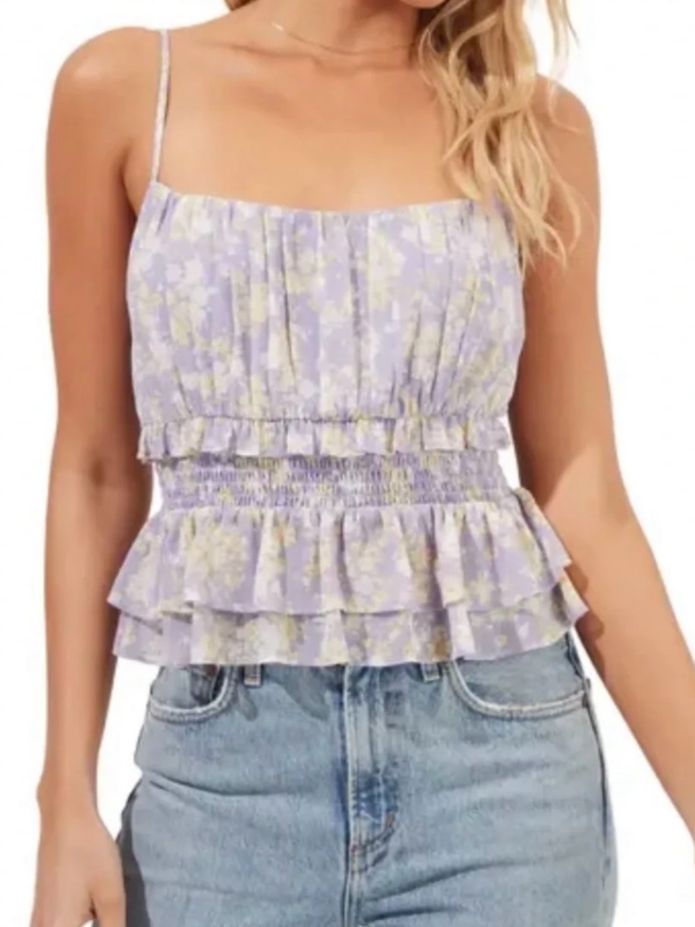 Astr Lavender Floral Smocked Ruffle Tank Top